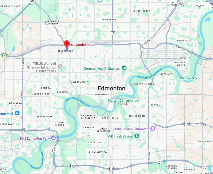Map of K1 Outdoors pickup location in NW Edmonton, Alberta