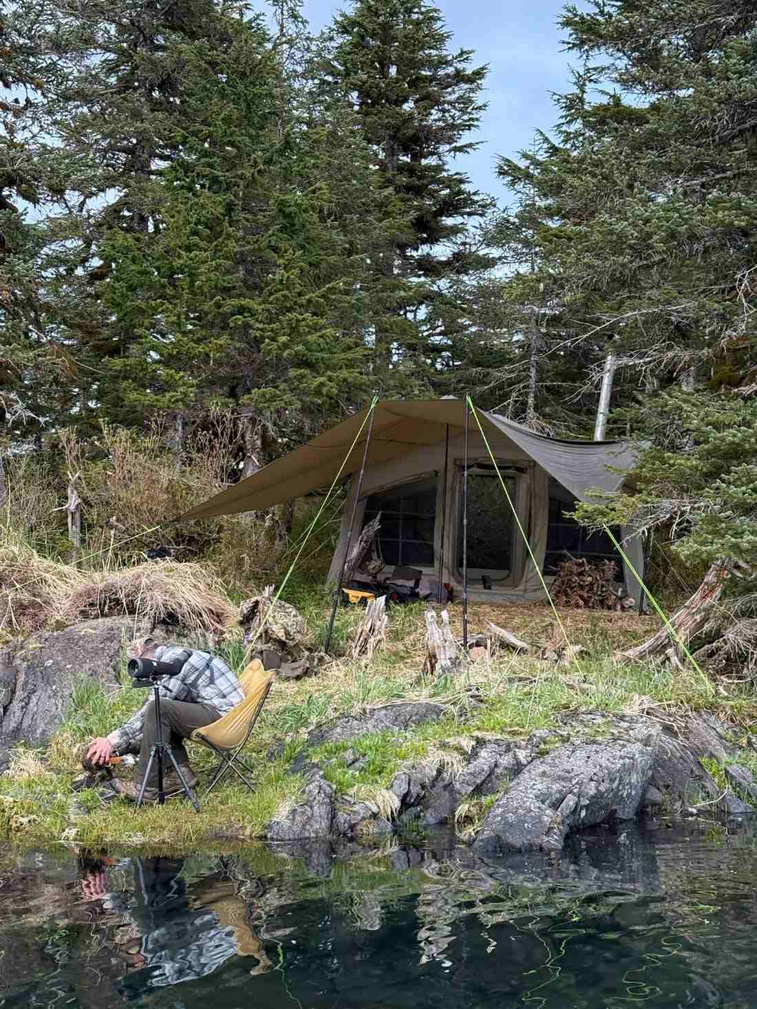 K1 Outdoors tent with awning set up lakeside